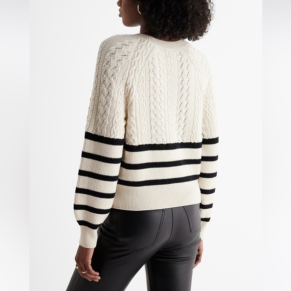 Express White Black Striped Cable Knit Crew Neck Sweater Size Large - Picture 3 of 13